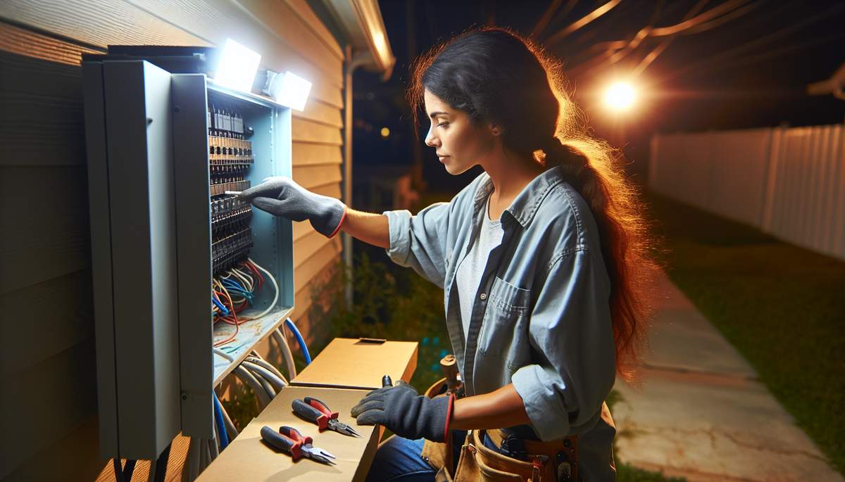 Licensed electrician working on electrical system at night in Oregon home