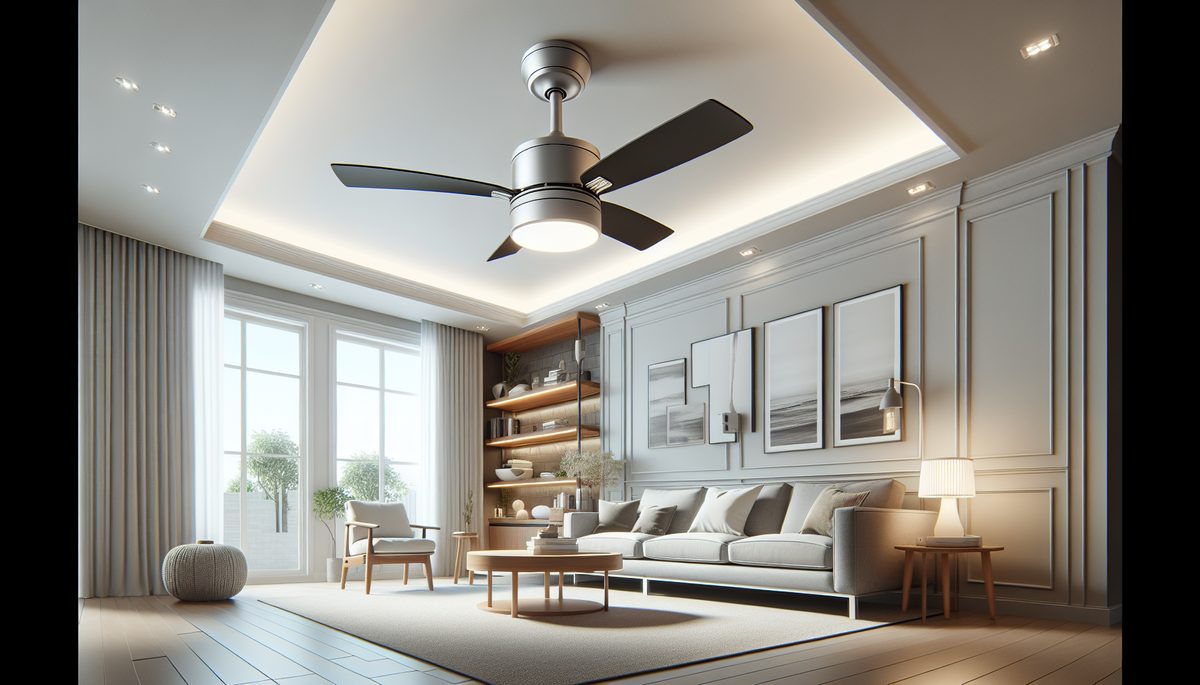 Ceiling fan installed on sloped ceiling in Oregon living room with remote control