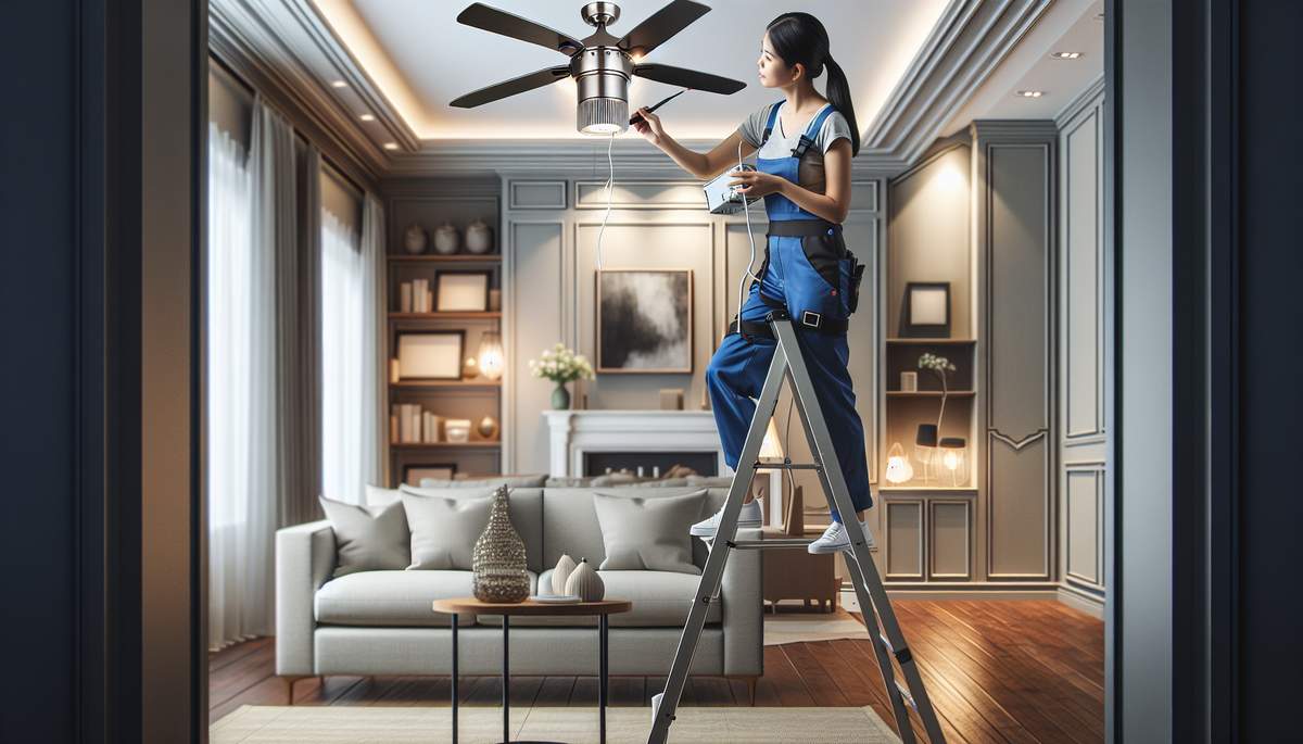 Licensed electrician installing ceiling fan with fan-rated electrical box in Oregon home