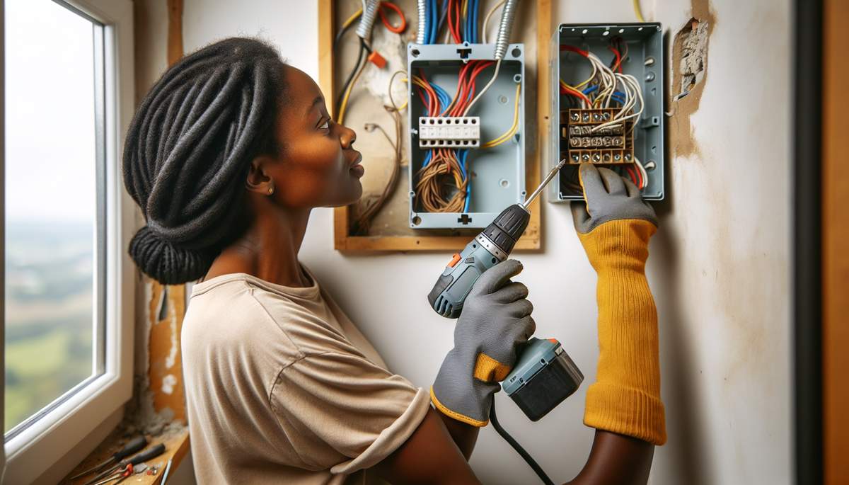 Electrician correcting open junction box and installing missing GFCI outlet in Oregon