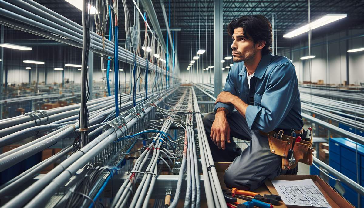 Licensed commercial electrician working on 3-phase electrical panel in Oregon office building