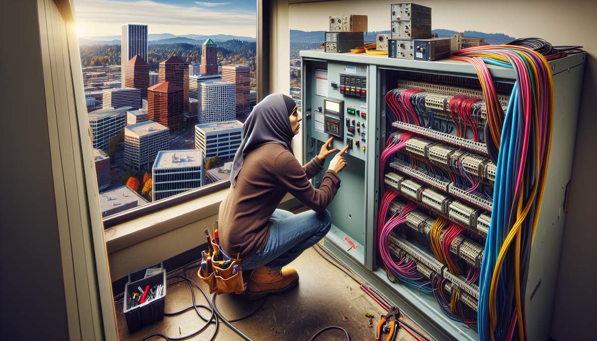 Commercial electrician installing 3-phase power distribution in Oregon warehouse