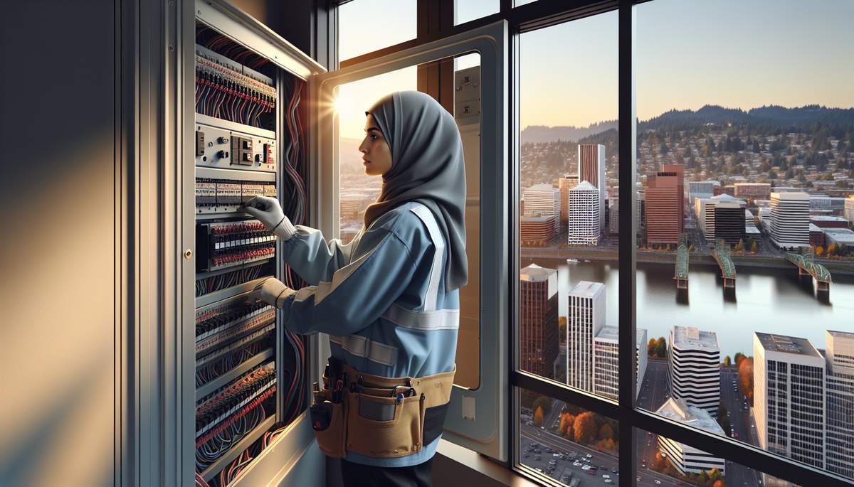 Licensed commercial electrician working on 3-phase panel in Oregon business