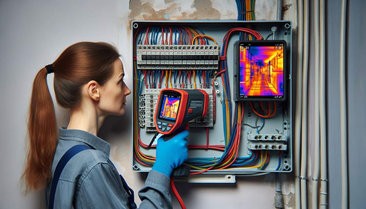 Licensed electrician using FLIR thermal imaging camera for electrical troubleshooting in Oregon