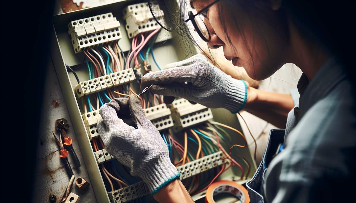 Licensed electrician repairing damaged electrical wiring in an Oregon home