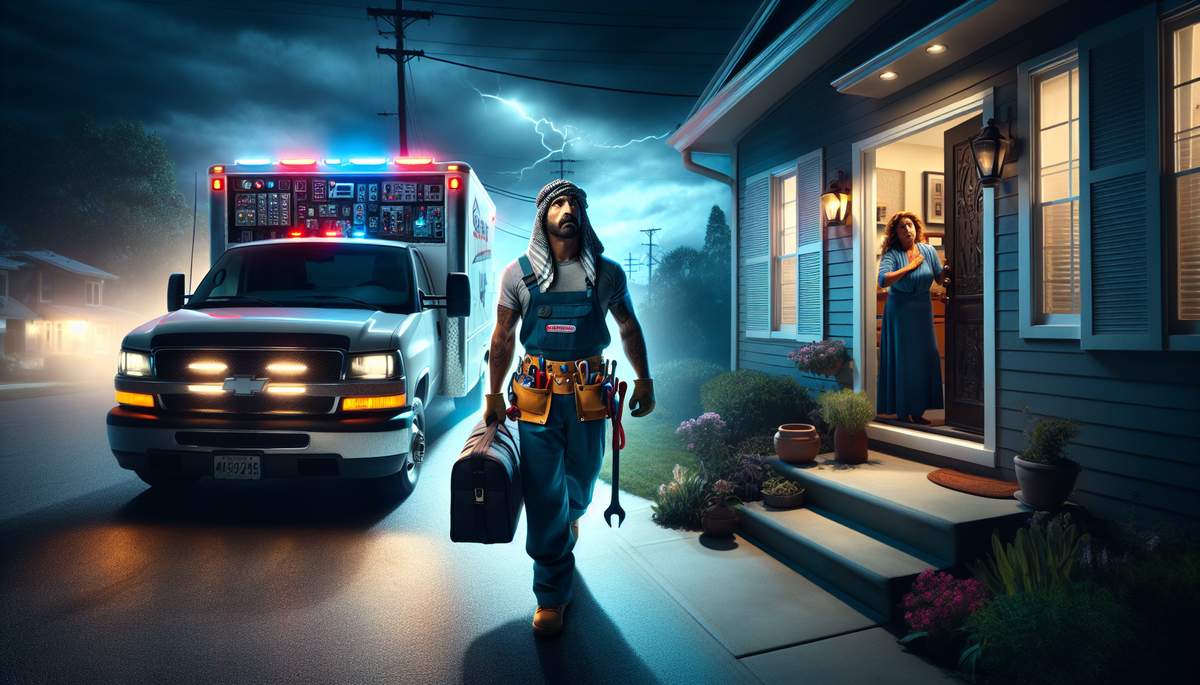 Emergency electrician repairing storm-damaged electrical system in Oregon