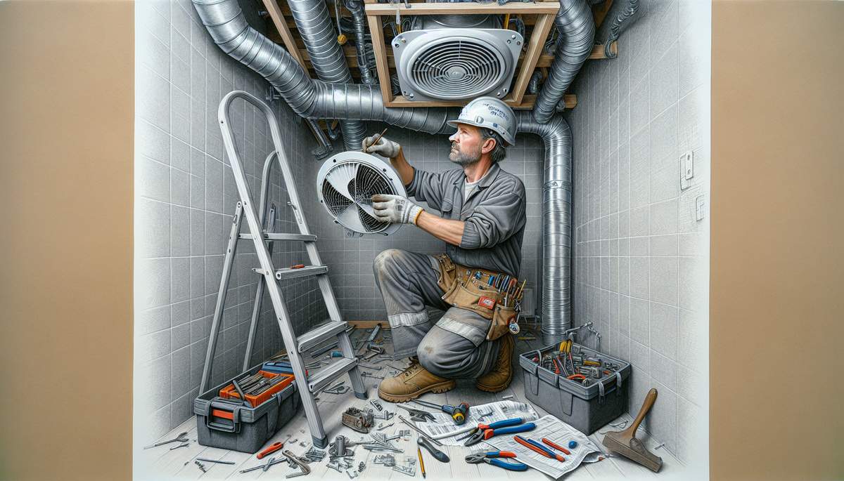 Licensed electrician installing bathroom exhaust fan with ductwork in Oregon home