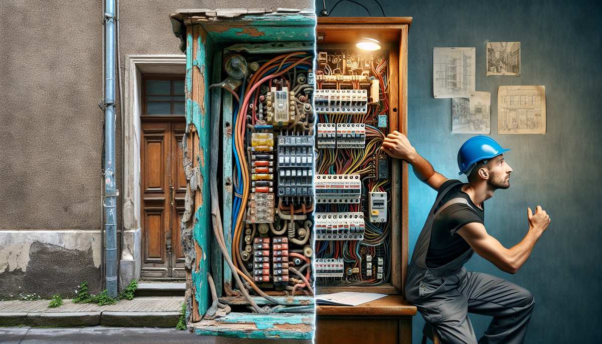Old fuse box being replaced with modern circuit breaker panel in Oregon home