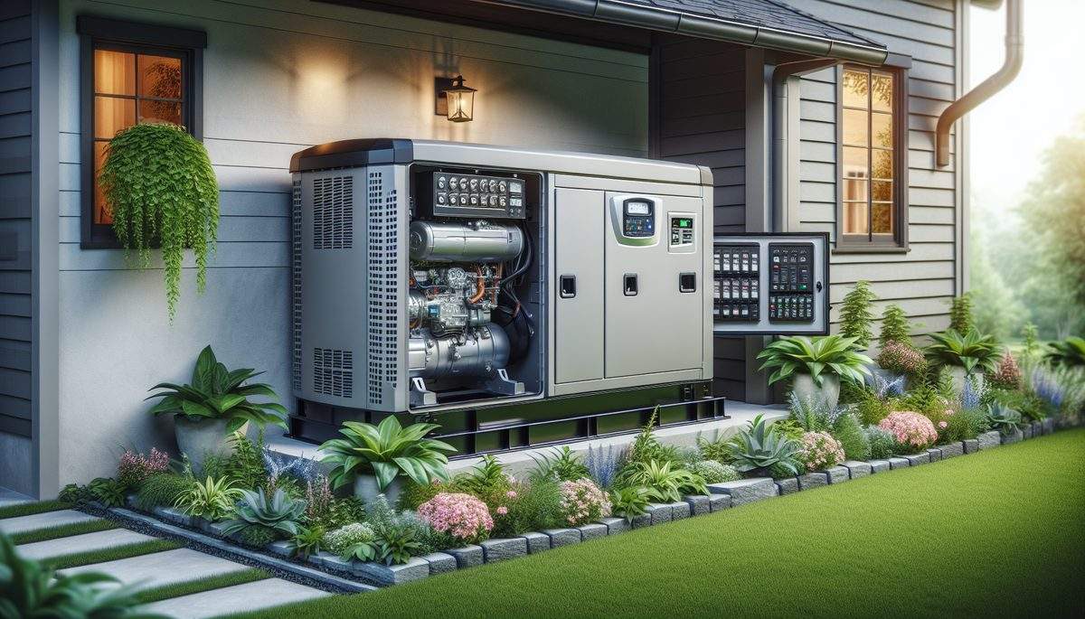 Whole house standby generator installed outside Oregon home with automatic transfer switch