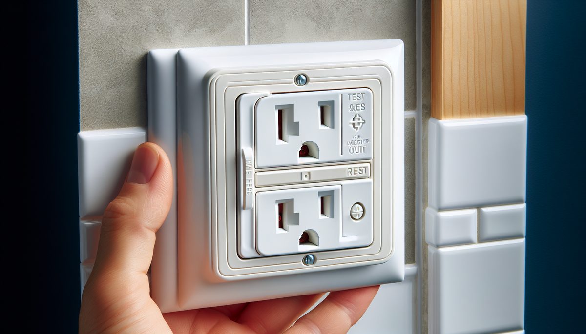 GFCI outlet with TEST and RESET buttons installed in Oregon bathroom