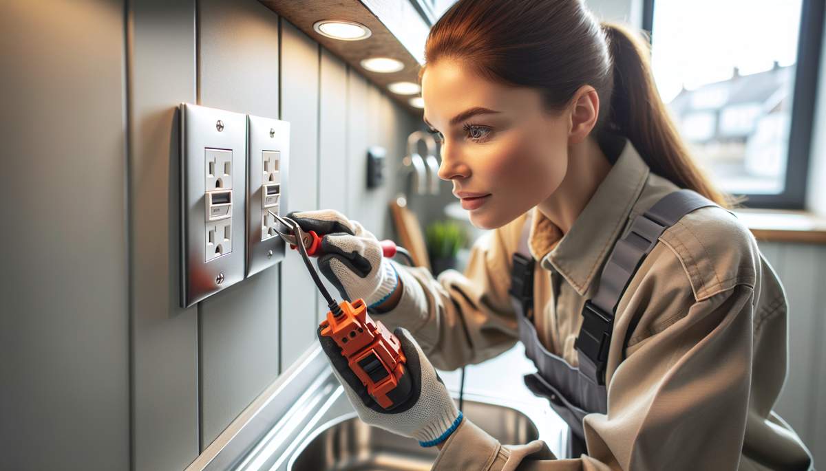 Licensed electrician installing GFCI outlet in Oregon kitchen