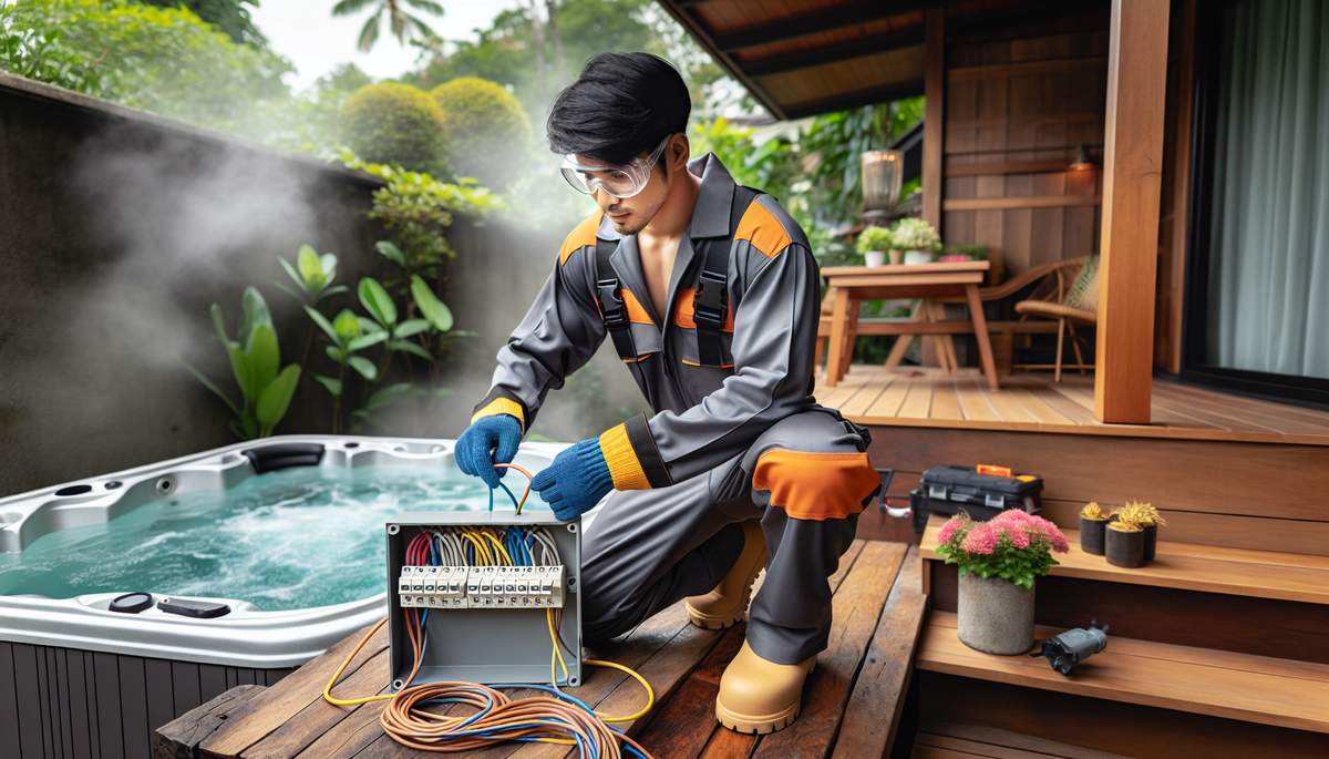 Licensed electrician wiring a 240V GFCI disconnect for hot tub installation in Oregon backyard