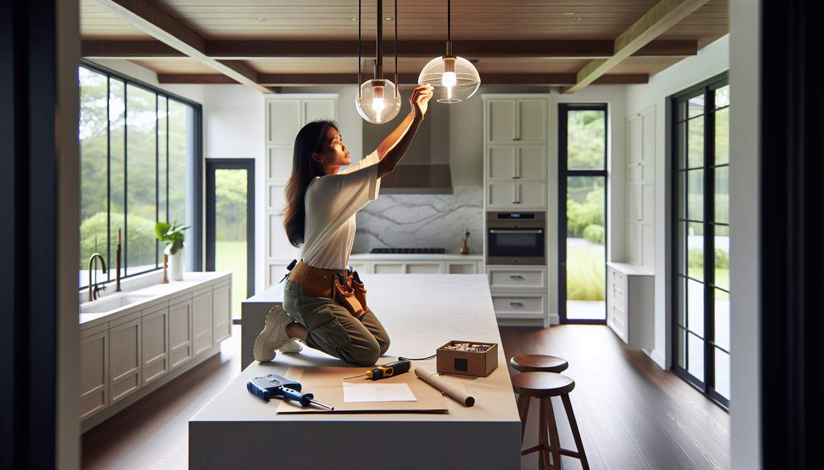 Electrician wiring recessed LED lights in Oregon kitchen ceiling