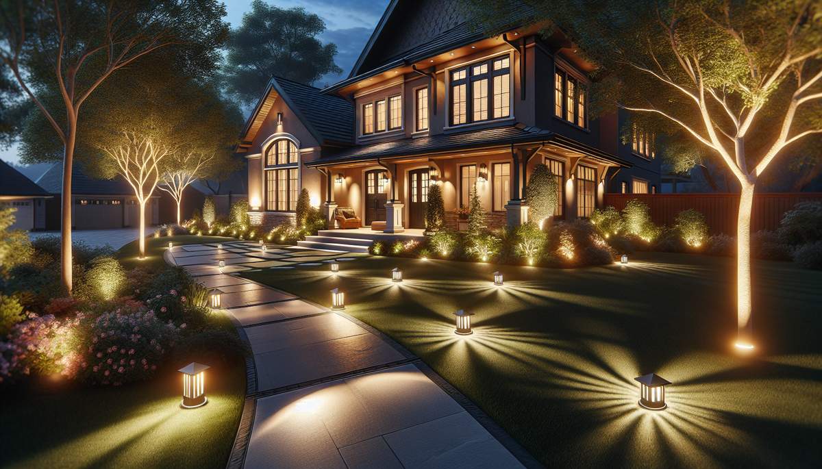 Professional landscape lighting illuminating an Oregon home's walkway and garden