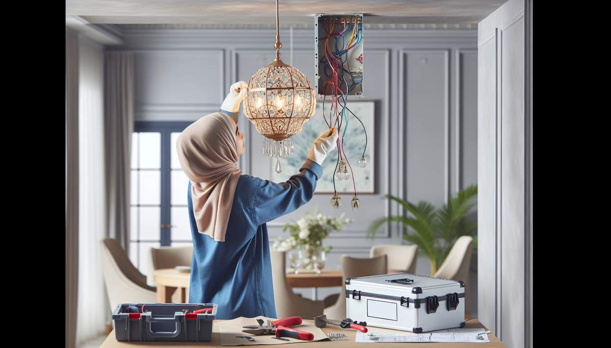 Licensed electrician installing a chandelier light fixture in an Oregon home