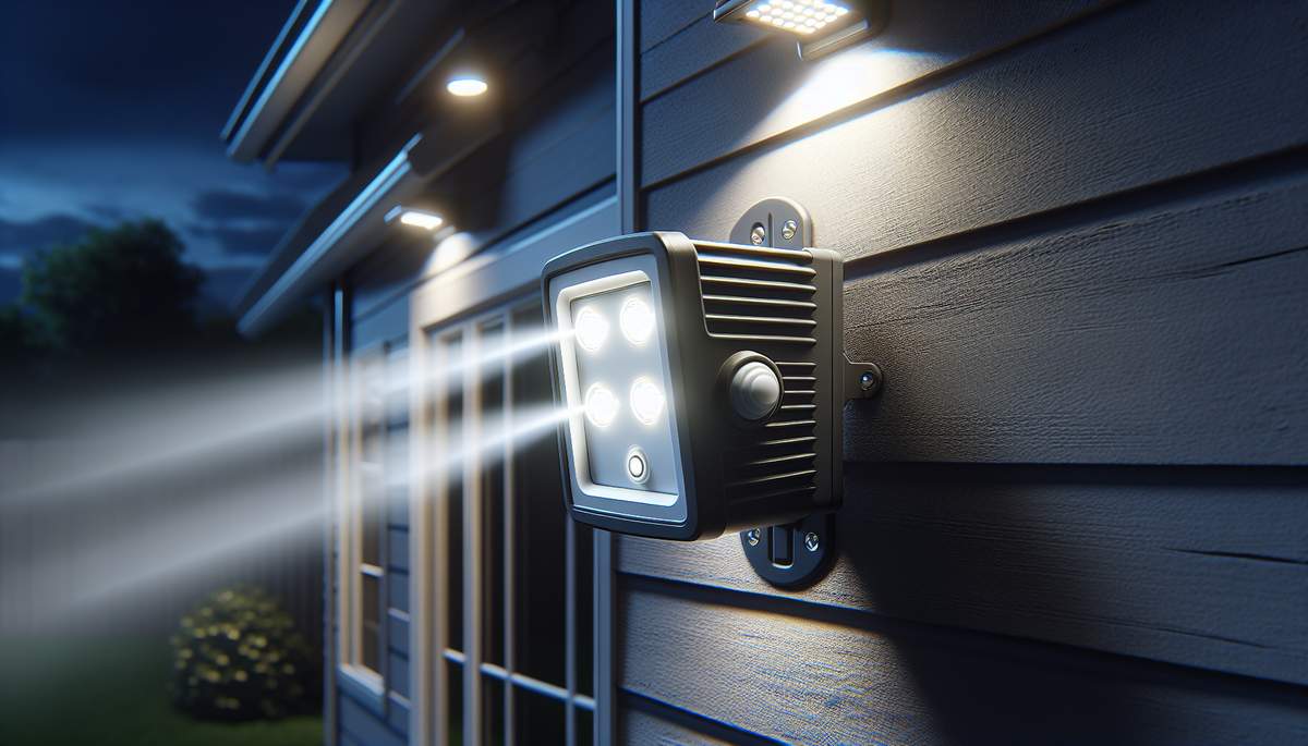 Electrician adjusting PIR motion sensor angle on exterior security flood light in Oregon