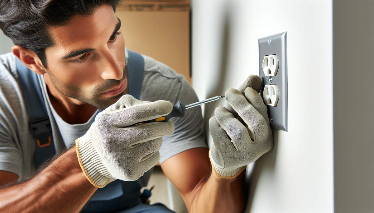 Licensed electrician repairing an electrical outlet in an Oregon home