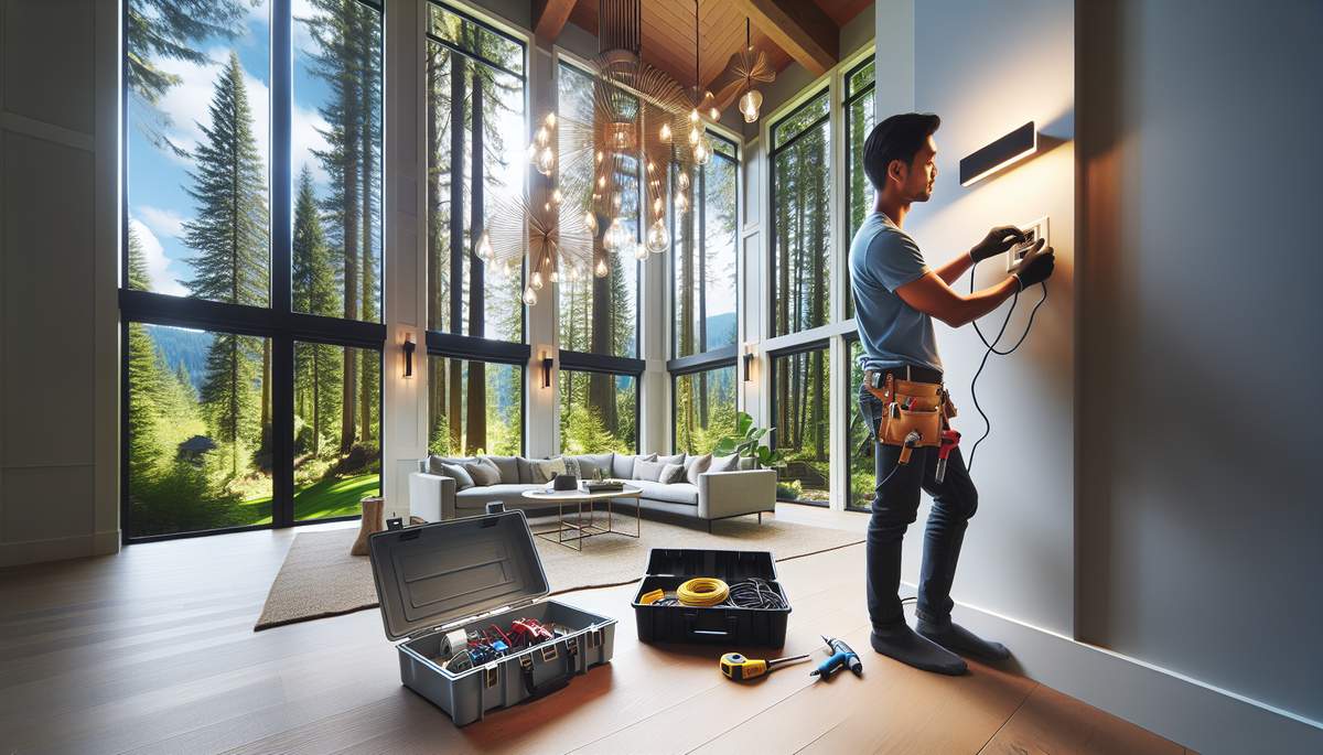 Residential electrician installing modern lighting in Oregon home kitchen