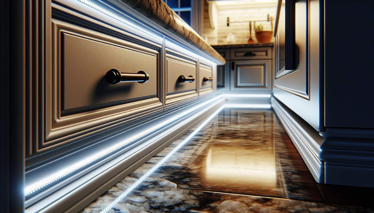 Electrician installing hardwired LED light bar under kitchen cabinet in Oregon