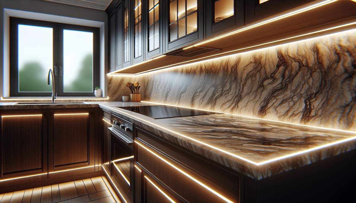 LED under cabinet lighting illuminating kitchen countertops in Oregon home